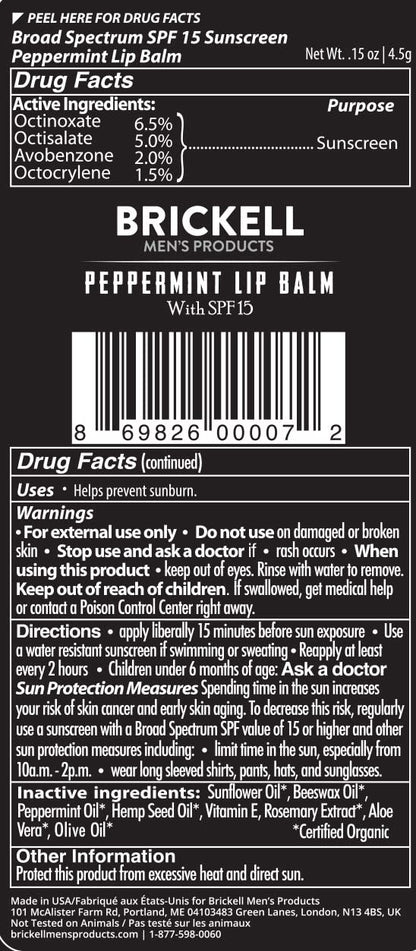 Brickell Men's No Shine Lip Balm for Men, Natural and Organic Matte Finish Chapstick to Moisturize and Protect With SPF 15, .15 Ounce, Scented