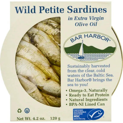 Bar Harbor Wild Petite Sardines in Extra Virgin Olive Oil, 4.2 oz – Wild Caught, Hand-Packed