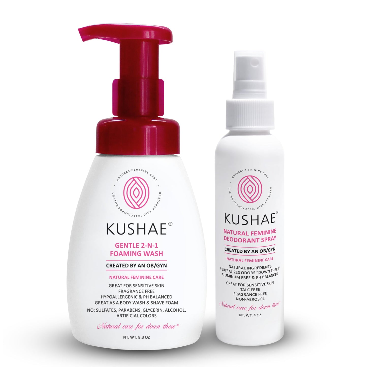 Kushae Feminine Hygiene Care Bundle - 2-in-1 Gentle Foaming Wash to Balance pH & Maintain Freshness - Feminine Deodorant Spray for Odor Protection - OB/GYN Made, All-Natural, Made in USA
