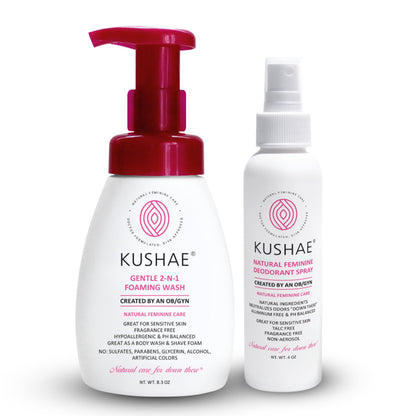Kushae Feminine Hygiene Care Bundle - 2-in-1 Gentle Foaming Wash to Balance pH & Maintain Freshness - Feminine Deodorant Spray for Odor Protection - OB/GYN Made, All-Natural, Made in USA