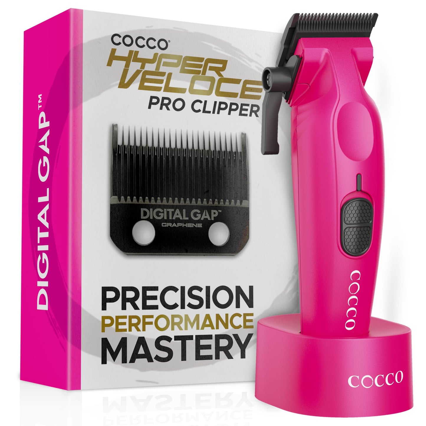 Cocco Hyper Veloce Pro Clipper, Digital Gap Ambassador Graphene Taper Blade Professional Hair Clippers, High-Torque BLDC Motor, All-Metal, Cordless, Charging Station Included (Pink)