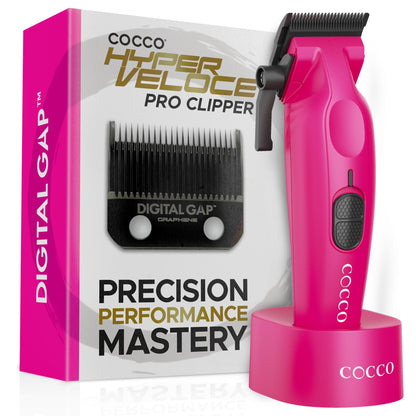 Cocco Hyper Veloce Pro Clipper, Digital Gap Ambassador Graphene Taper Blade Professional Hair Clippers, High-Torque BLDC Motor, All-Metal, Cordless, Charging Station Included (Pink)