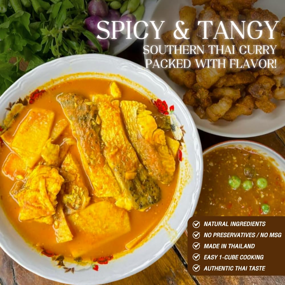 Yellow Sour Soup Cube – 40 g (1.41 oz) Authentic Southern Thai Paste Cube, Ready-to-Use Instant Curry Block, Spicy & Tangy Flavor, Single-Serve for 2 No Color, No MSG, No Preservatives Added (1)