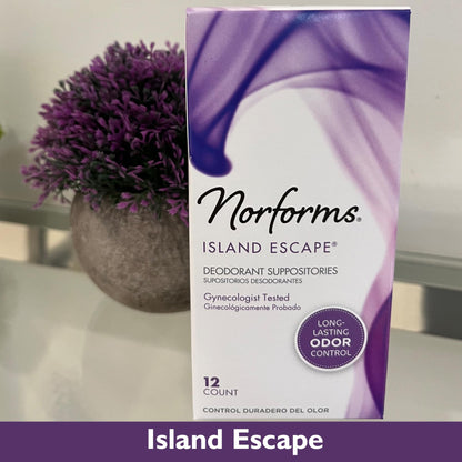 Norforms Feminine Deodorant Suppositories, Gentle pH-Balanced Formula for Vaginal Odor Control, Island Escape Scent, 12 Count, Pack of 3