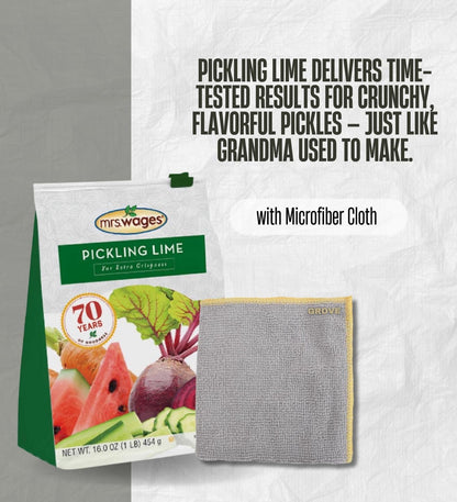 Mrs. Wages Pickling Lime 16 oz Bundle with Microfiber Cloth – Ideal for Crisp Pickles, Green Tomatoes, Watermelon Rinds, and More – Gift Set (2 Items)