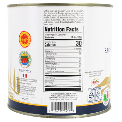 L'Oro Del Sud - D.O.P San Marzano Tomatoes of Agro Sarnese-Nocerino Area, Net Wt. 2550g (88 fl. oz). Pomodoro San Marzano dell’Agro Sarnese-Nocerino DOP Certification