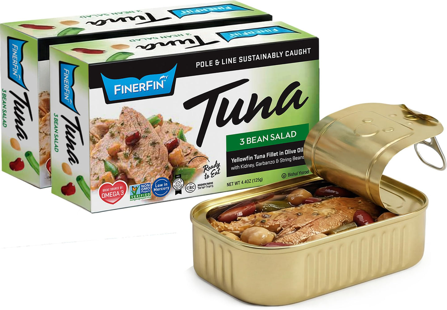 FinerFin Yellowfin Tuna Fillets In Organic Olive Oil – 3 Bean Salad Flavor (4.4oz can - 2 Pack); Premium Canned Fish with EVOO, Gourmet Ready-to-Eat Fillets, Pole & Line Caught