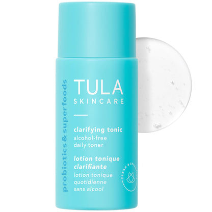TULA Skin Care Mini Clarifying Tonic Alcohol-Free Daily Toner - Travel Face Toner to Gently Exfoliate and Tighten Pores, Contains Witch Hazel and Niacinamide, 0.68 Fl Oz.