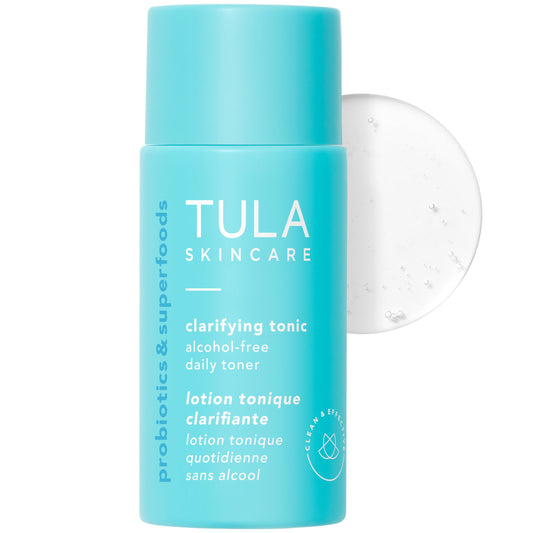 TULA Skin Care Mini Clarifying Tonic Alcohol-Free Daily Toner - Travel Face Toner to Gently Exfoliate and Tighten Pores, Contains Witch Hazel and Niacinamide, 0.68 Fl Oz.
