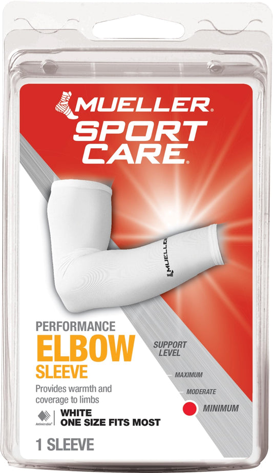MUELLER Sports Medicine Performance Compression Elbow Sleeve, Arm Pain Relief Support for Men and Women, Ideal for Strains, Cuts, Scrapes, Fits Right or Left, White, One Size