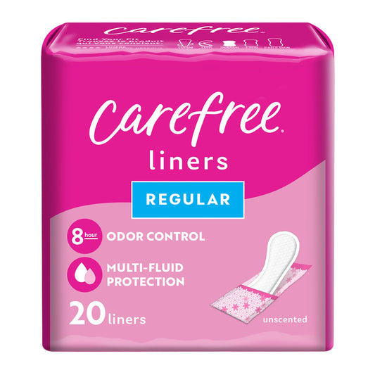 Carefree Panty Liners for Women, Regular, Wrapped, Unscented, 20ct | Pantiliners, Carefree Liners, Daily Liners for Women, Light Periods and Leaks, 8-Hour Odor Control | 20ct (Packaging May Vary)
