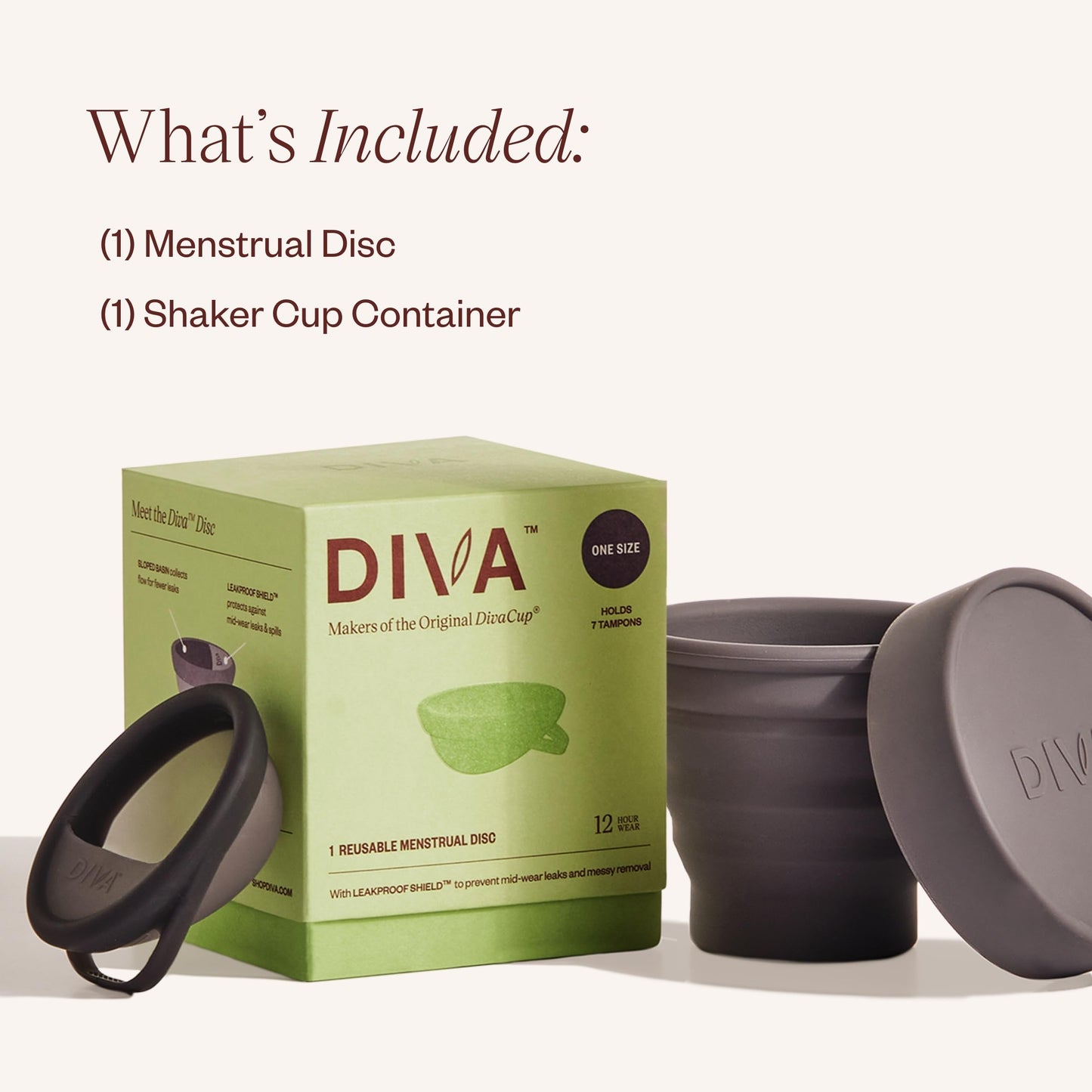 Diva Disc & Shaker - Comfortable, Reusable Menstrual Disc with Shaker for On-The-Go Cleansing - Wear Up to 12 Hours - 100% Medical Grade Silicone - Holds 7 Tampons - One Size Fits Most
