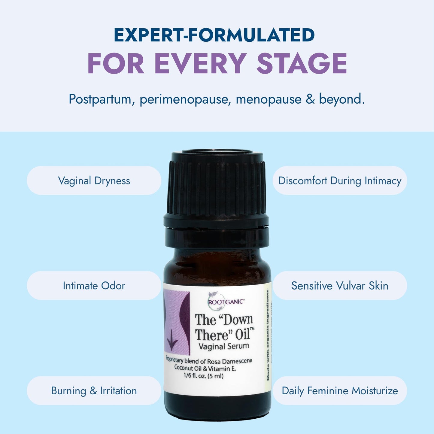Down There Oil - External Intimate V Support for Dryness, Moisturization, Comfort and Confidence - Great for Daily Use - Estrogen-Free Intimate Oil for Feminine Care - 5 ml