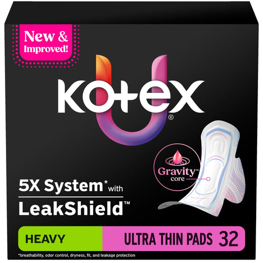 Kotex Ultra Thin Pads with Wings, Heavy Absorbency, 32 Count (Packaging May Vary)