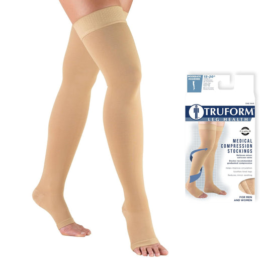 Truform 15-20 mmHg Compression Stockings for Men and Women, Thigh High Length, Dot Top, Open Toe, Medium