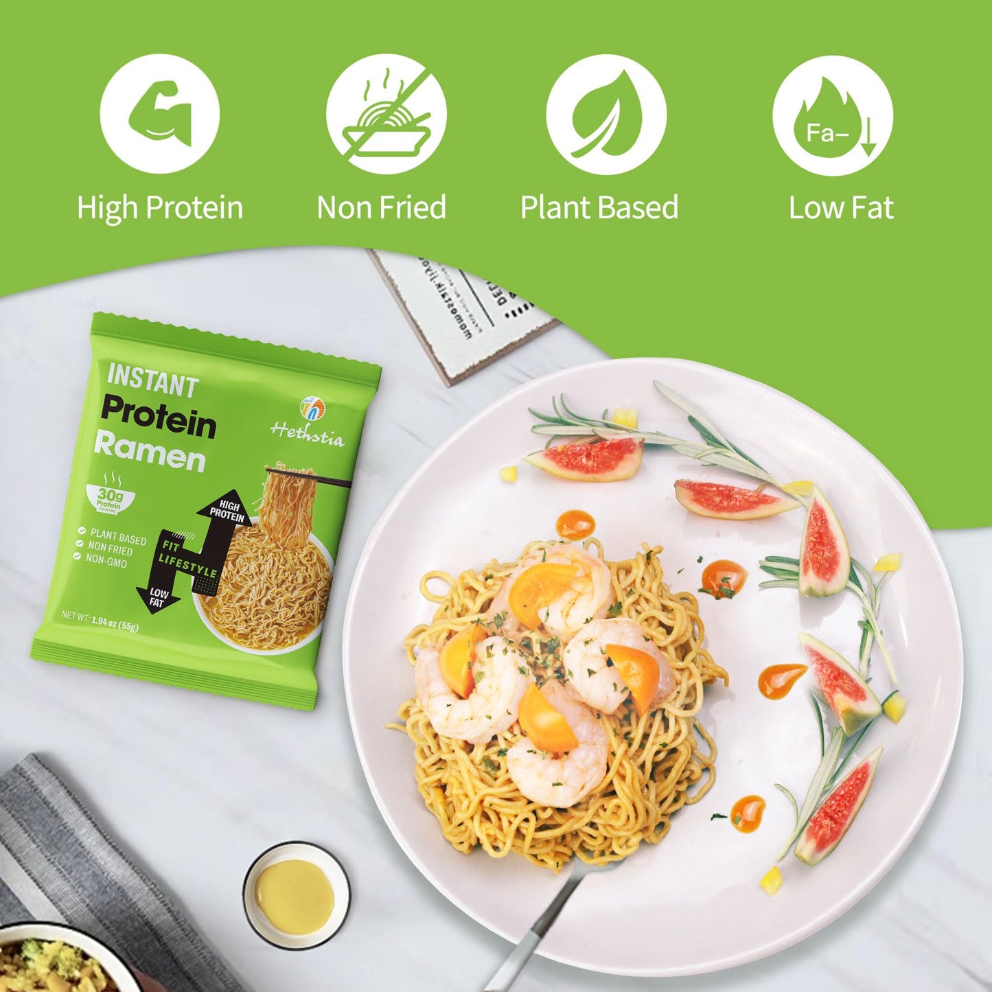 Hethstia High Protein Ramen Plain, 6 Pack Instant Ramen Noodles – 30g Plant Protein, Vegan, Non-Fried, Non-GMO, Sugar-Free, Low Fat, Healthy Quick Meal Base for Lunch, Dinner or Post-Workout
