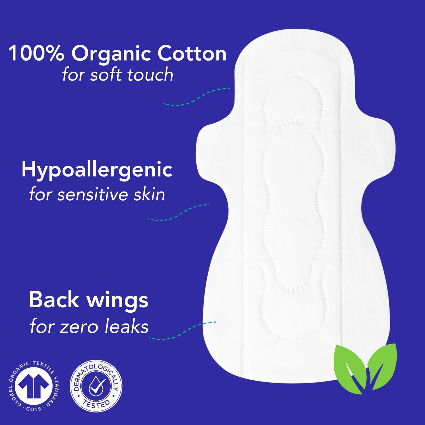 Marlow 100% Organic Cotton Top Sheet Pads, Extra Long with Two Sets of Wings, Biodegradable Wrapper, Plastic Free, Fragrance Free, Toxin Free, Hypoallergenic, Ultra Thin, Leak Proof, 18 Count