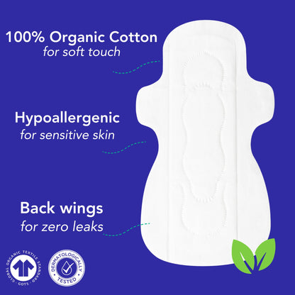 Marlow 100% Organic Cotton Top Sheet Pads, Extra Long with Two Sets of Wings, Biodegradable Wrapper, Plastic Free, Fragrance Free, Toxin Free, Hypoallergenic, Ultra Thin, Leak Proof, 18 Count