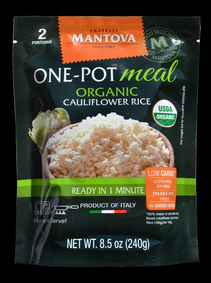 Mantova Organic Cauliflower Rice, 8.5 oz (Pack of 6) – Healthy, Gluten-Free, Vegan, Low-Calorie, Ready in Minutes, All-Natural Riced Vegetable Side Dish