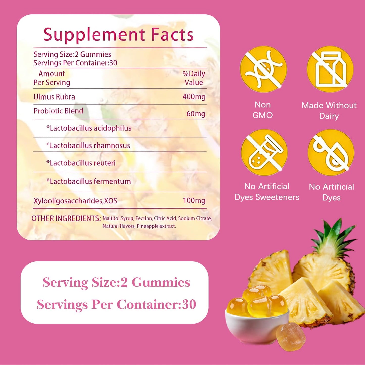 Feminine Probiotics Gummies with Slippery Elm | Pineapple Flavor for Women’s pH Balance, Digestive & Immune Support | Daily Wellness Supplement for Comfort and Freshness, Non-GMO, 30 Gummies