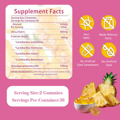 Feminine Probiotics Gummies with Slippery Elm | Pineapple Flavor for Women’s pH Balance, Digestive & Immune Support | Daily Wellness Supplement for Comfort and Freshness, Non-GMO, 30 Gummies