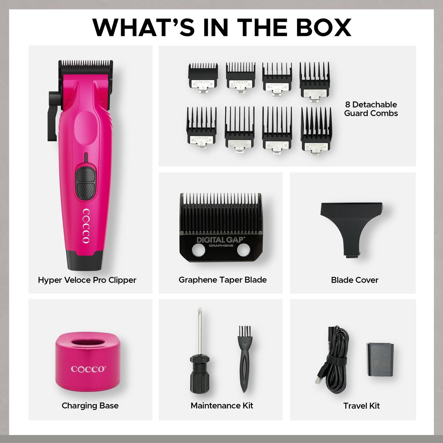 Cocco Hyper Veloce Pro Clipper, Digital Gap Ambassador Graphene Taper Blade Professional Hair Clippers, High-Torque BLDC Motor, All-Metal, Cordless, Charging Station Included (Pink)