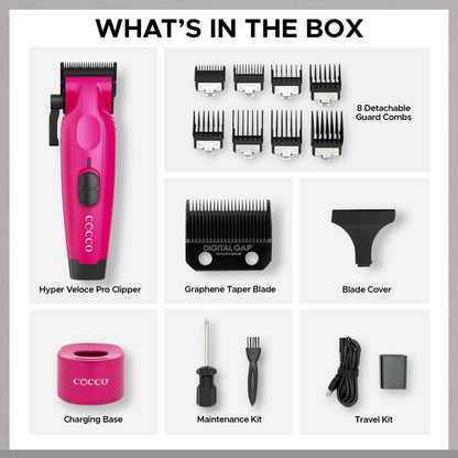 Cocco Hyper Veloce Pro Clipper, Digital Gap Ambassador Graphene Taper Blade Professional Hair Clippers, High-Torque BLDC Motor, All-Metal, Cordless, Charging Station Included (Pink)