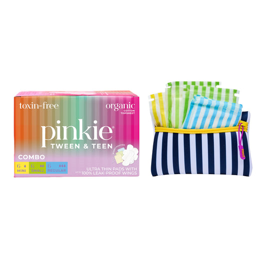Pinkie First Period Prep Bundle - Combo Pack + Pouch - Includes 22 Organic Cotton Topsheet Pads - Mini, Small and Regular Size Pads with Wings - Period Travel Kit - Fragrance and Chlorine-Free