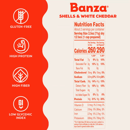 Banza Shells & White Cheddar Mac and Cheese - High Protein, Gluten Free, and Lower Carb Protein Mac and Cheese - 5.5oz