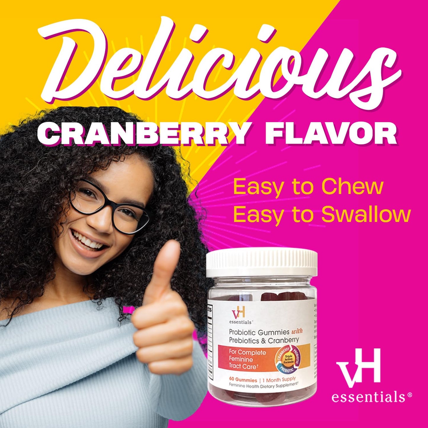 vH essentials Probiotic Gummies with Prebiotics & Cranberry, 60 Count Tea Tree Oil & Prebiotic Daily Feminine Wash, 6 Fl Oz (Pack of 1)