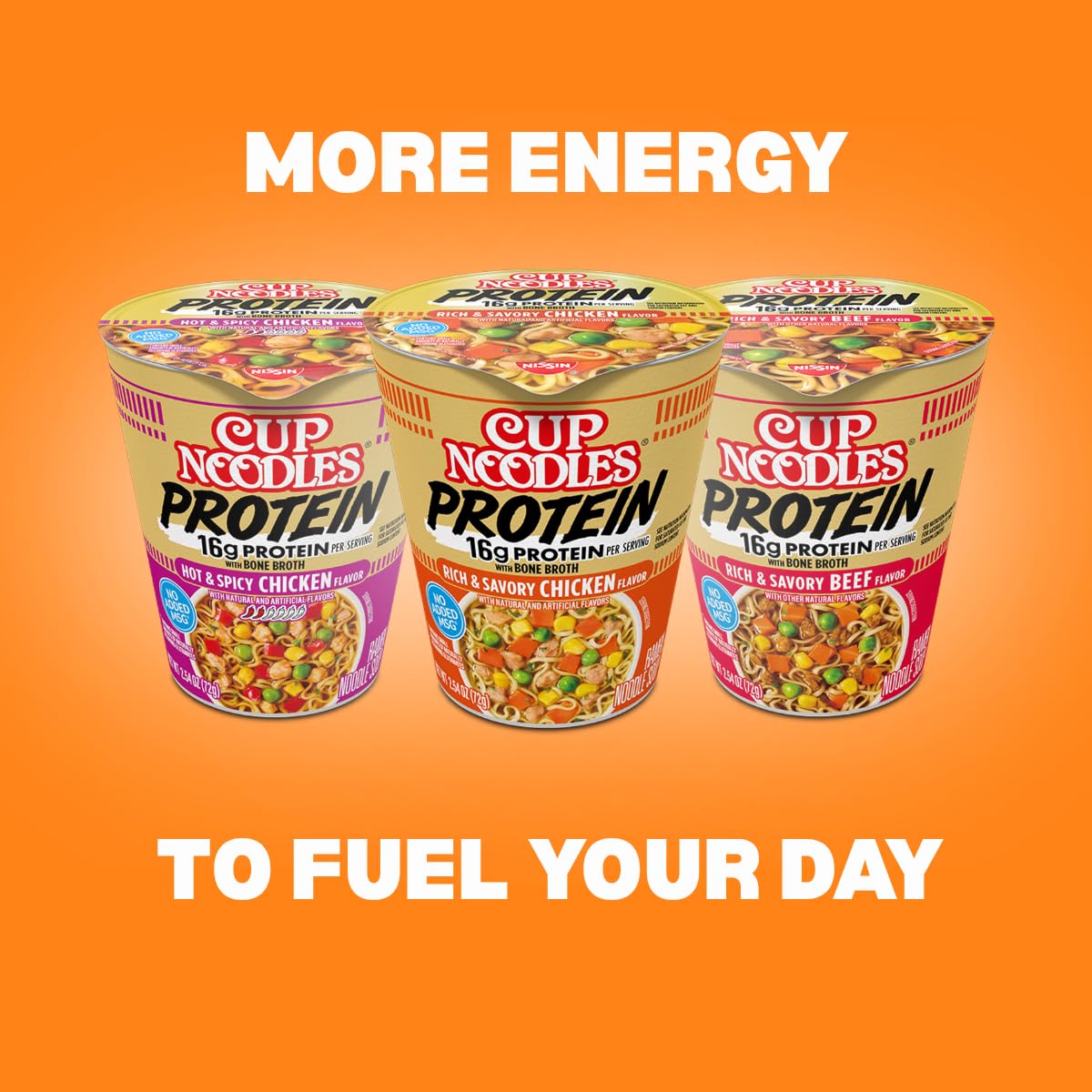 Nissin Cup Noodles Protein Ramen, Beef Flavor with Bone Broth, 16g Protein, 2.54 Ounce Cup (Pack of 6)
