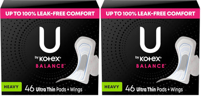 U by Kotex Balance Ultra Thin Pads with Wings, Heavy Absorbency, 46 Count (Packaging May Vary) (Pack of 2)