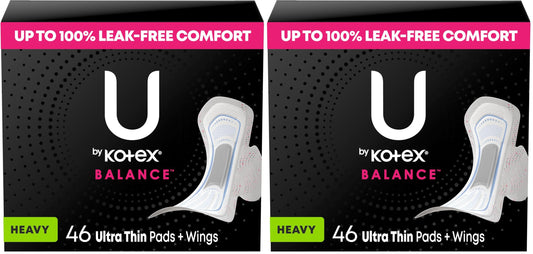 U by Kotex Balance Ultra Thin Pads with Wings, Heavy Absorbency, 46 Count (Packaging May Vary) (Pack of 2)