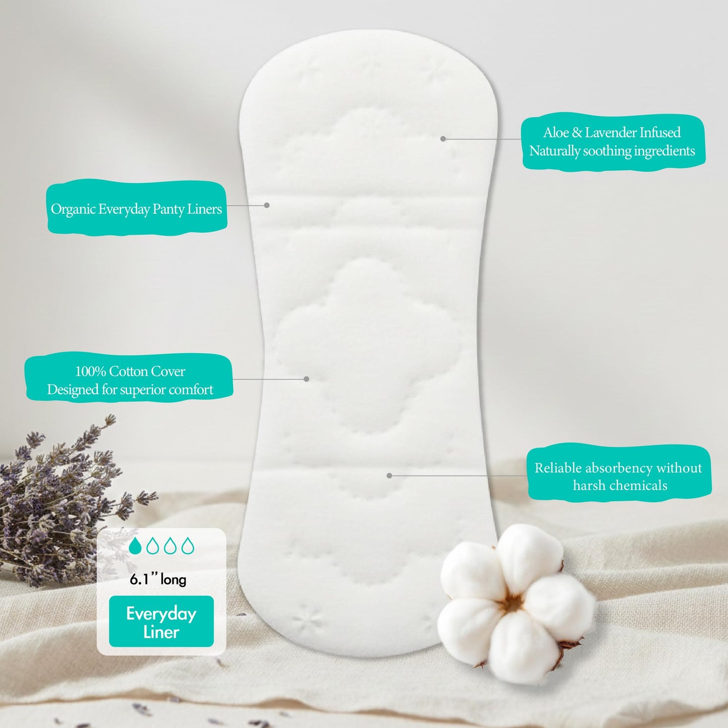 b.pure 100% Organic Cotton Herbal Panty Liners for Women | Chemical Free | Lavender & Aloe Infused | Light, Breathable Protection | 72-Count