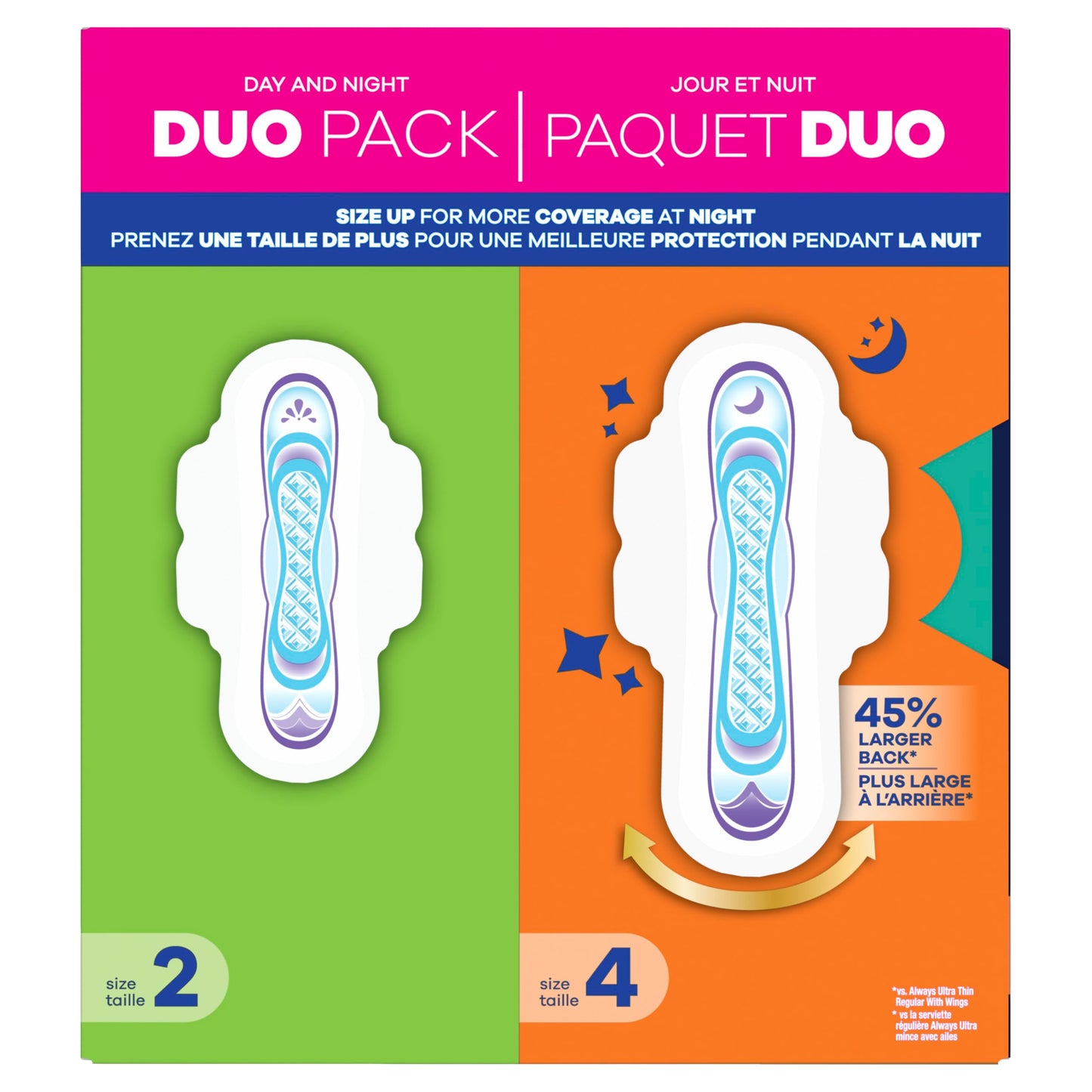 Always Ultra Thin Pads Duo Pack, Feminine Pads with Wings for Women, Size 2 Long Super and 4 Overnight Absorbency, Unscented, Up to 100% Leak-Free Protection, 44 CT
