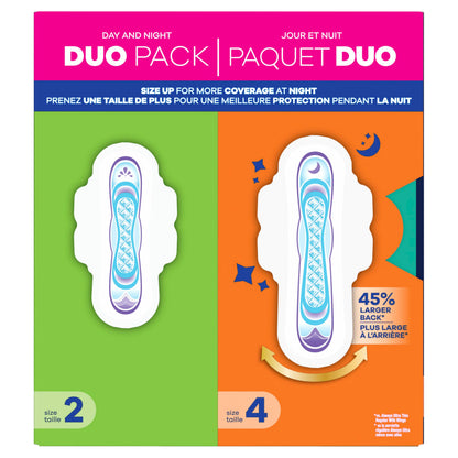 Always Ultra Thin Pads Duo Pack, Feminine Pads with Wings for Women, Size 2 Long Super and 4 Overnight Absorbency, Unscented, Up to 100% Leak-Free Protection, 44 CT