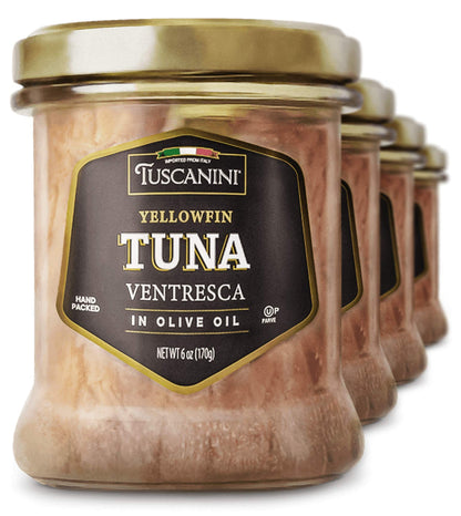 Tuscanini Real Italian Yellowfin Ventresca Tuna in Pure Olive Oil 6oz (4 Pack), The Filet Mignon of Fish, Gluten Free, Soy Free, Mineral Enriched, Soft & Buttery Mouth Feel, Product of Italy