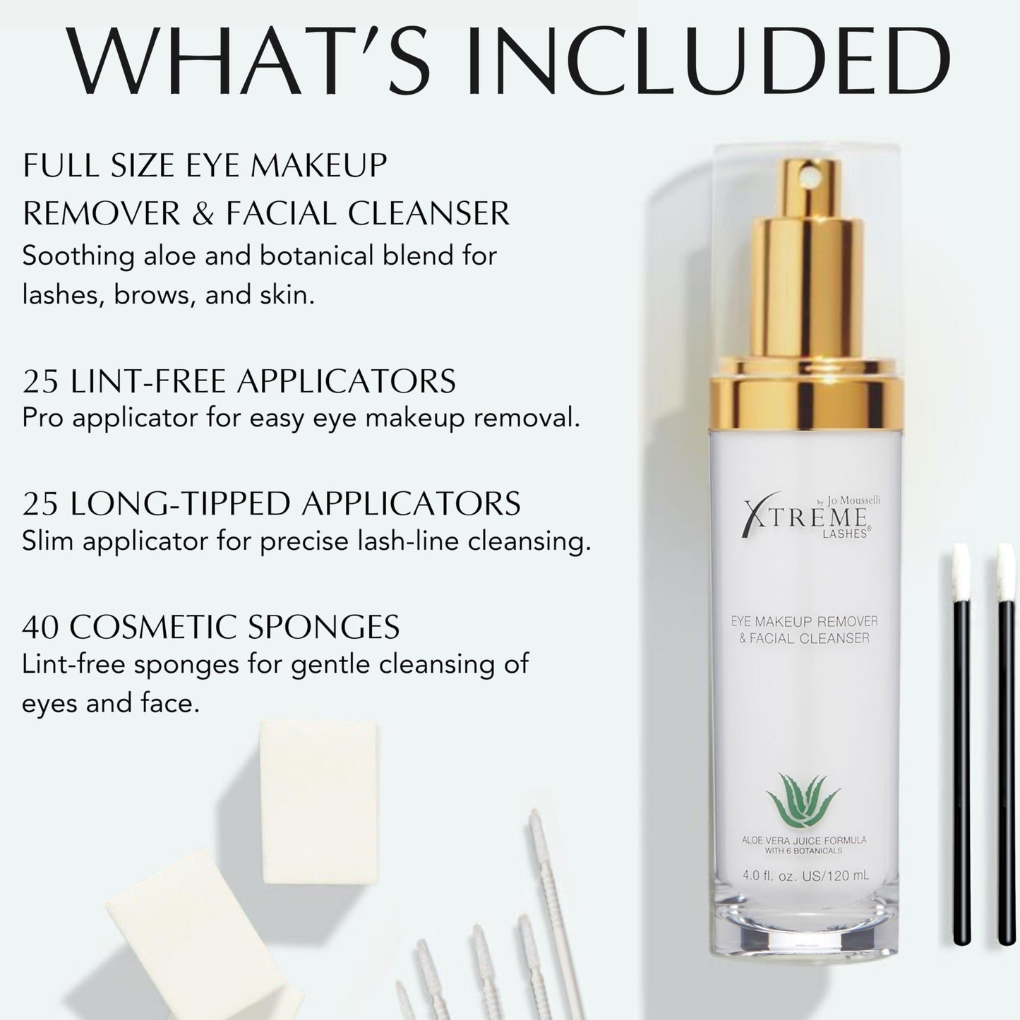 Xtreme Lashes Extend Your Beauty Rituals Eye & Face Cleansing Kit, Eye Makeup Remover & Facial Cleanser Liquid Pump 4 Fl Oz, 25 Lint Free & Long Applicators, 40 Cosmetic Sponges, Lash Extension Safe