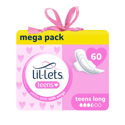 Lil-Lets Teens Long Pads with Wings - 60 Count Period Pads for Teens - Thin, Super Absorbent Sanitary Napkins, Soft & Breathable, Fragrance-Free - First Periods, Medium to Heavy Days