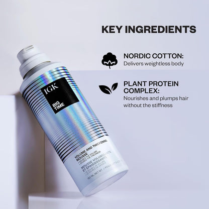 IGK BIG TIME Volume & Thickening Mousse | Flexible Hold Volumizing Styling Foam for Fine, Flat or Curly Hair | Lightweight Body, Frizz Control & Heat Protection | Vegan + Cruelty Free | 6.2 Oz