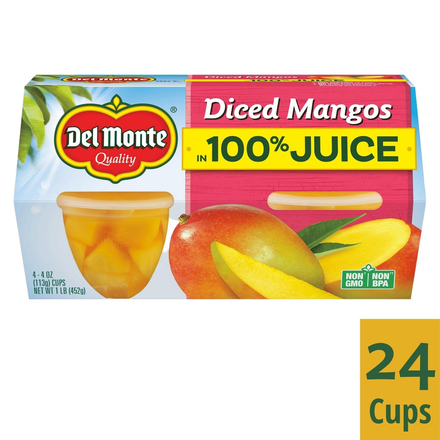 DEL MONTE Diced Mango FRUIT CUP Snacks in 100% Fruit Juice, 24 Pack, 4 oz