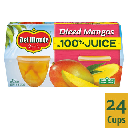 DEL MONTE Diced Mango FRUIT CUP Snacks in 100% Fruit Juice, 24 Pack, 4 oz