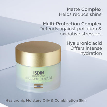 ISDIN Hyaluronic Moisture Oily & Combination Skin Mattifying Daily Face Moisturizer with Hyaluronic Acid 1.76 OZ (Cream)