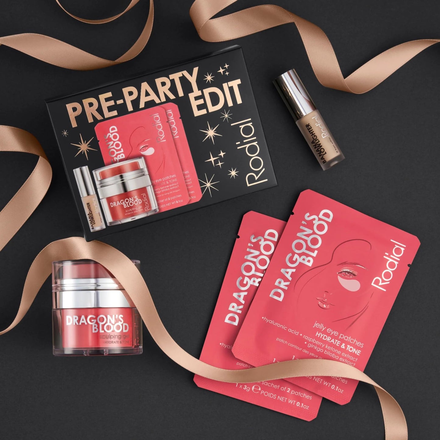 Rodial Pre-Party Edit - Holiday Skincare & Makeup Gift Set with Banana Lowlighter 0.07 oz, Dragon’s Blood Sculpting Gel 0.30 fl. oz & 2x Dragon’s Blood Eye Patches - Radiant Glow