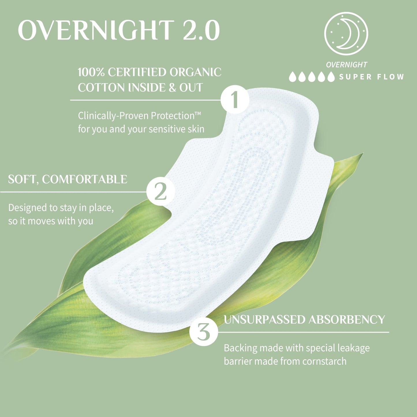 Organyc New and Improved 100% Certified Organic Cotton Overnight Feminine Pads, Heaviest Flow, Super Absorbency 2.0, 7 Count (Pack of 2)