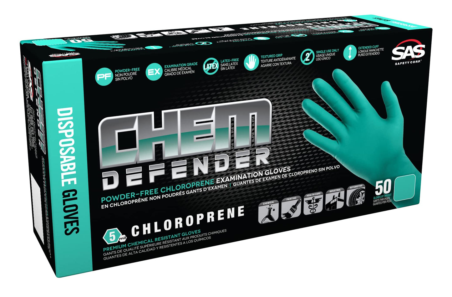 SAS ChemDefender Powder-Free Chloroprene Disposable Gloves | 5 Mil - Large | Chemical Resistance, Textured Fingertips, Extended 12" Cuff, Single Use | for Dental & Industrial | 66593, Large