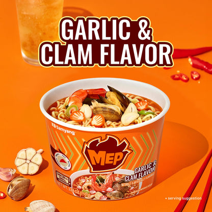 Samyang MEP Garlic Clam Ramen Spicy Instant Bowl Noodle Soup, Refreshing Seafood Broth Ramyeon, Quick Microwave Meal, 3.88 oz (Pack of 6 Bowls)