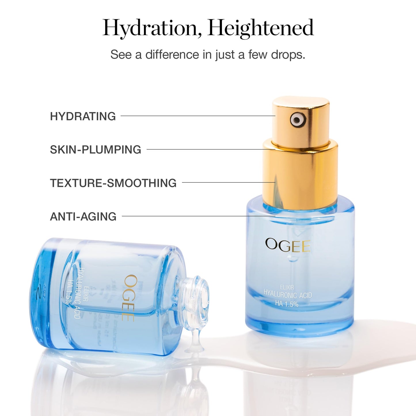 Ogee Hyaluronic Acid HA 1.5% Elixir - Hyaluronic Acid Serum for Face - Plumping & Hydrating Serum for Fine Lines and Wrinkles - 70% Organic Ingredients & Made in USA
