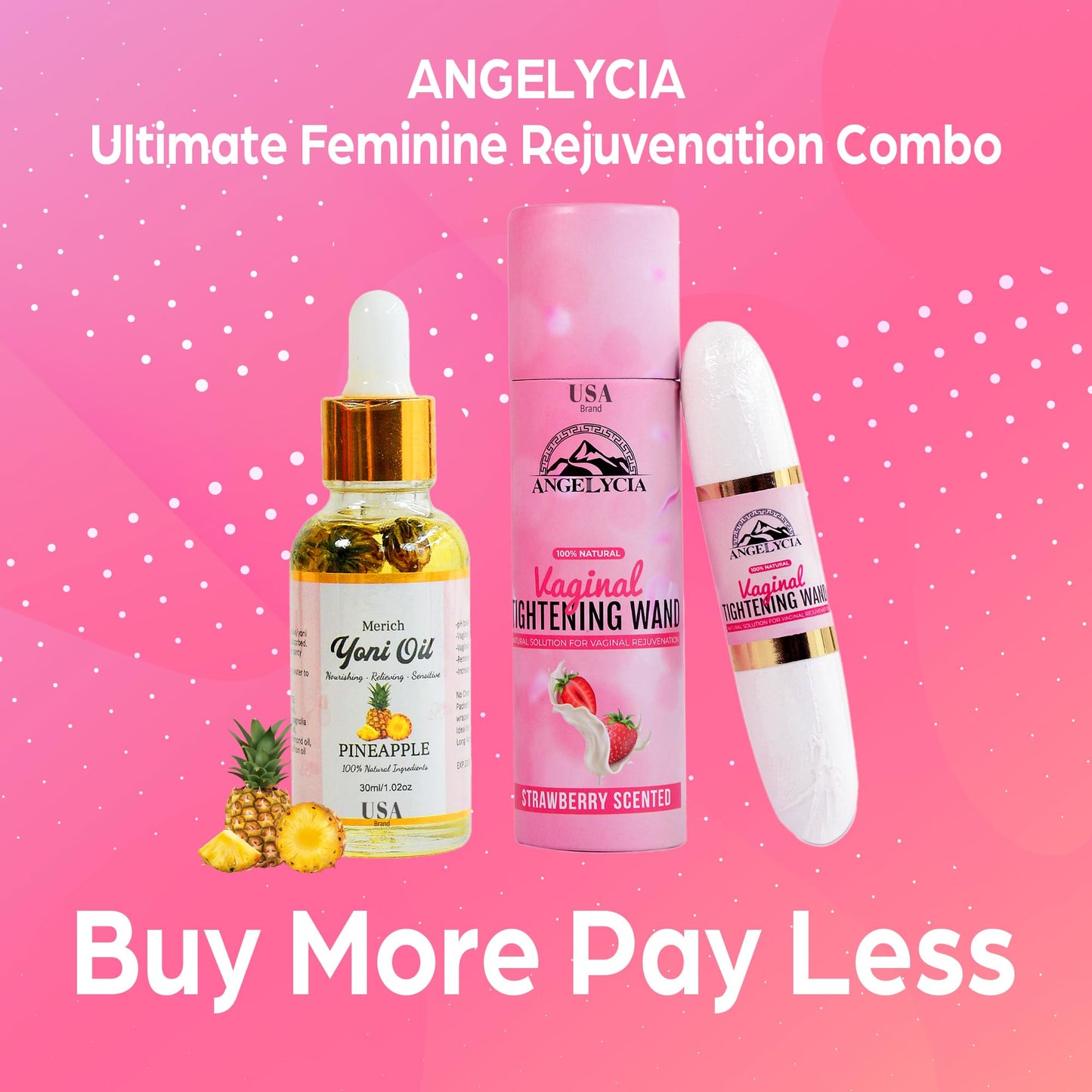 ANGELYCIA Ultimate Feminine Rejuvenation Combo, Virginity Wand Strawberry and Feminine Yoni Detox Oil Pineapple, Vaginal Tightening Solution, Restores pH Balance for Women,