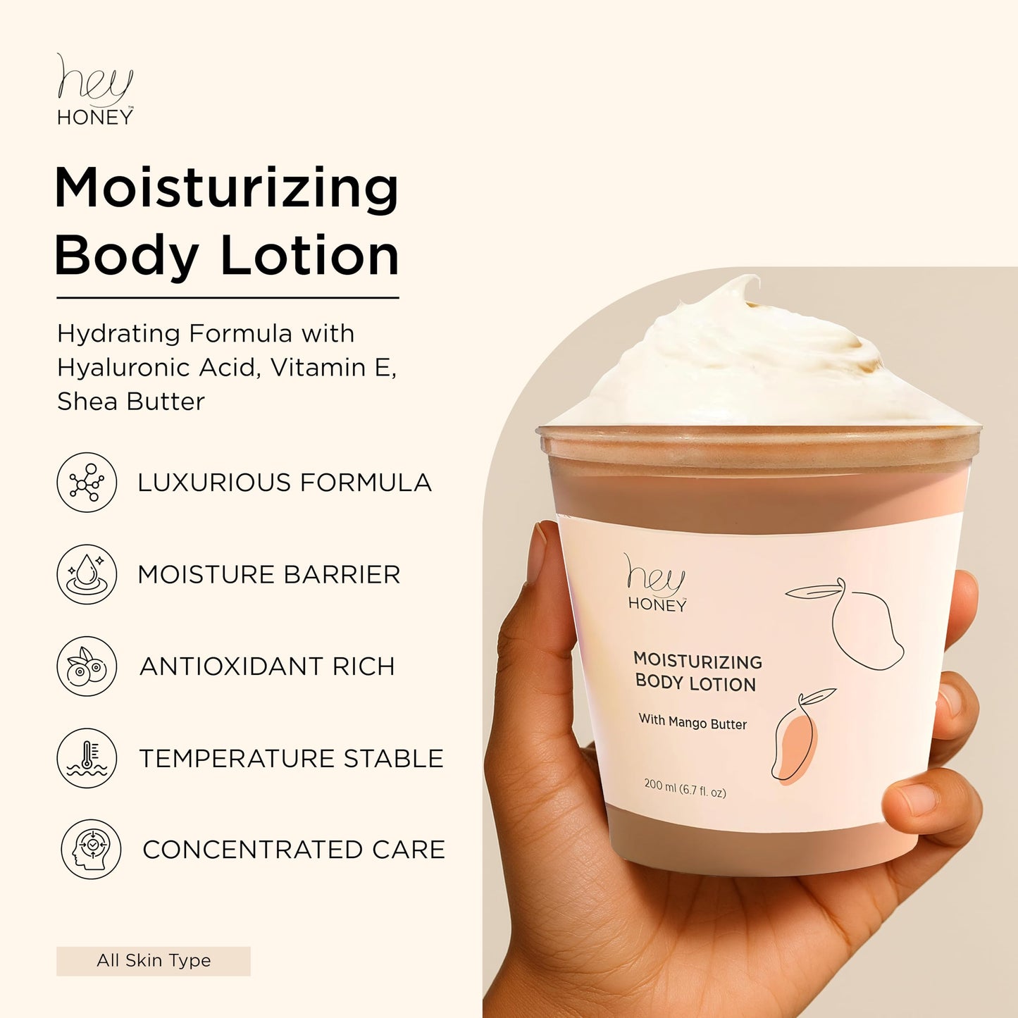 Hey Honey Skin Care Mango & Honey Water-Free Body Lotion - Hyaluronic Acid, Ceramides & Barrier Repair for Hands, Elbows & Dry Sensitive Skin | 24-Hr Hydration, Fruit Enzymes, Cruelty-Free | 6.7 oz